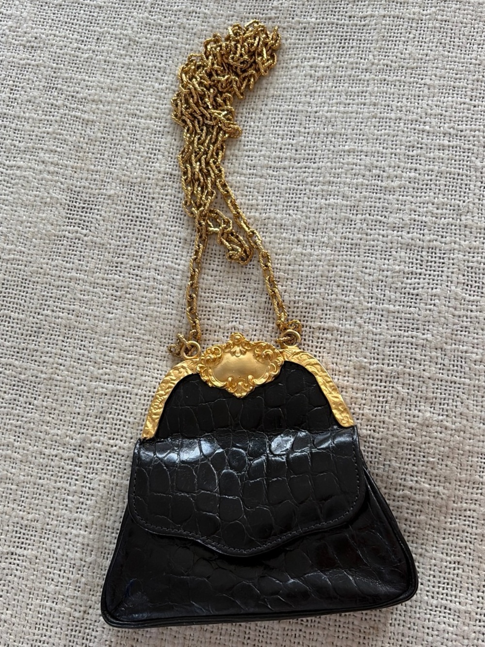 Black Croc-Embossed Leather Chain Shoulder Bag with Gold Trim